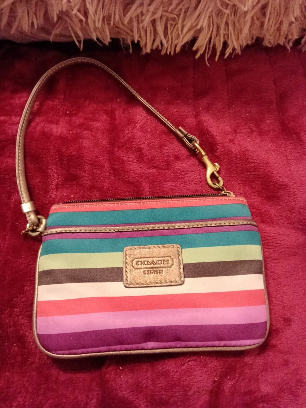 COACH Legacy Striped Satin & Leather Wristlet w/Baby Hangtag